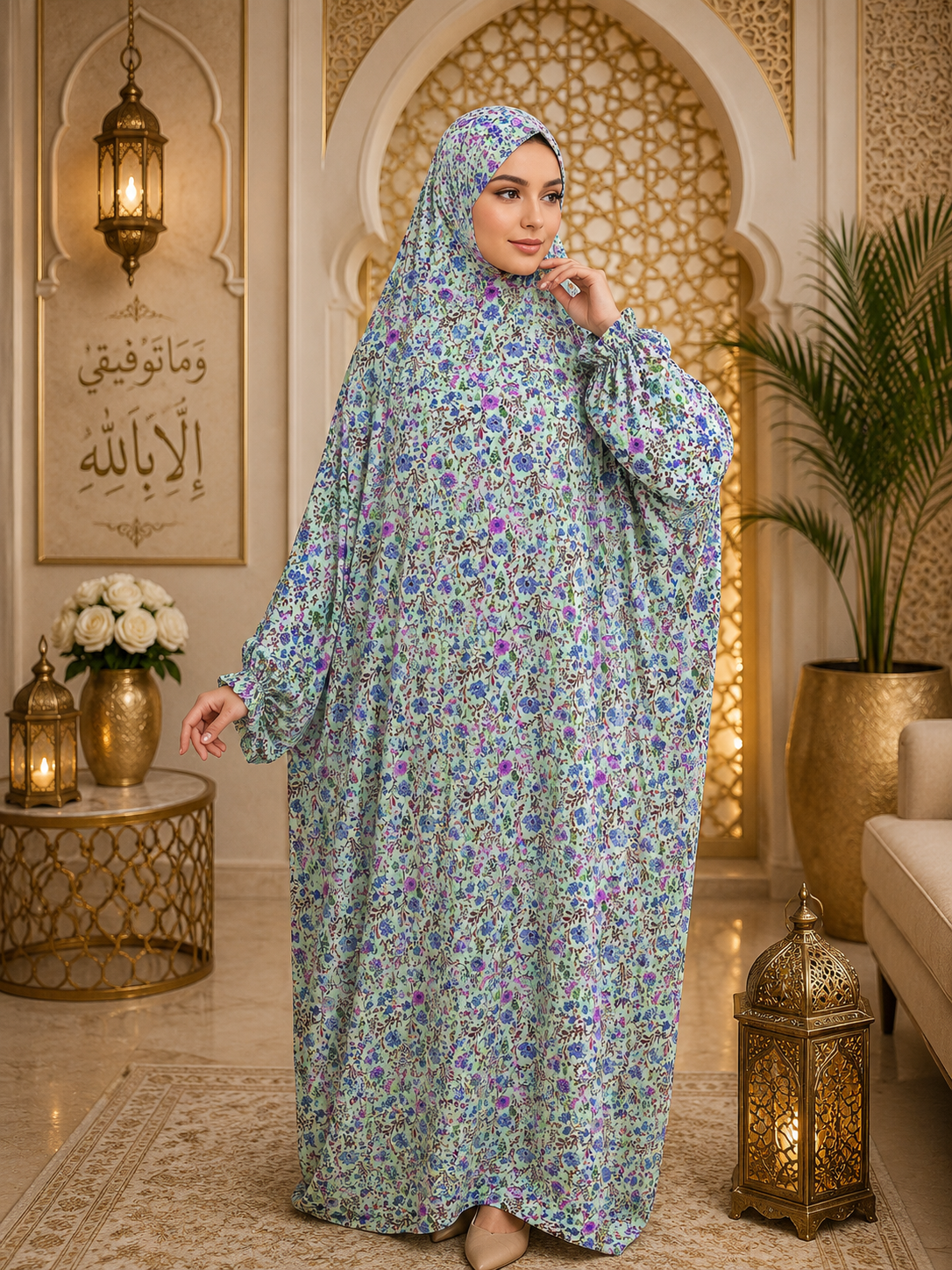 لباس الصلاة – فستان صلاة أنيق مزين بالزهور قطعة واحدة للنساء المسلمات