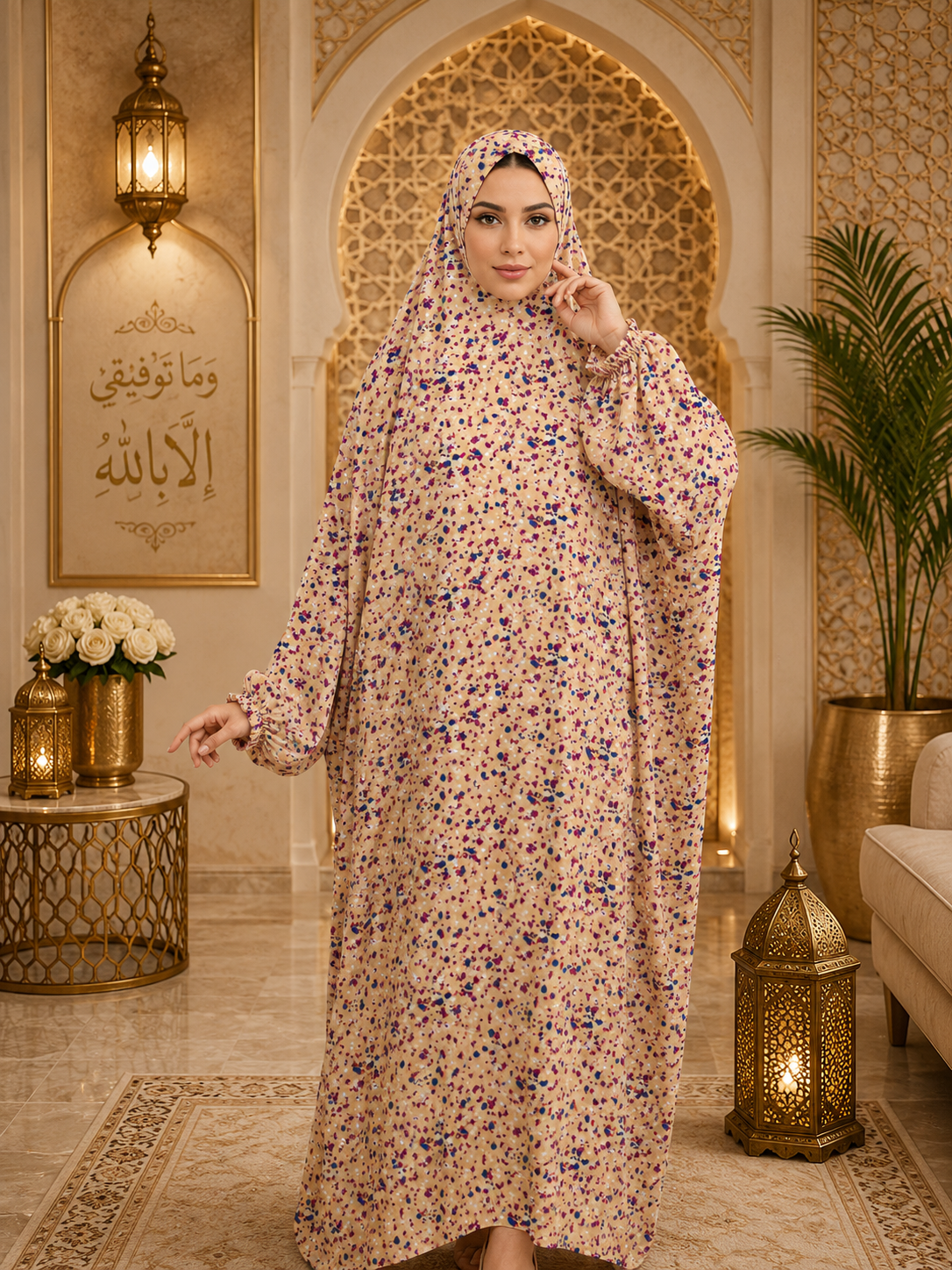 لباس الصلاة – فستان صلاة أنيق مزين بالزهور قطعة واحدة للنساء المسلمات