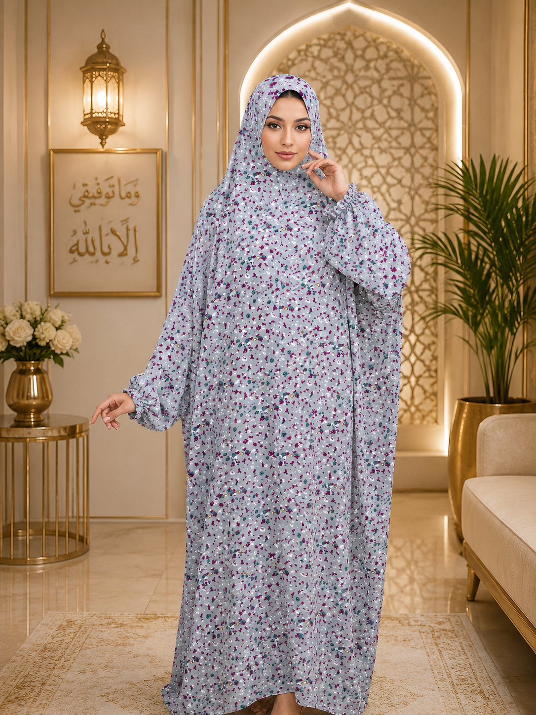 لباس الصلاة – فستان صلاة أنيق مزين بالزهور قطعة واحدة للنساء المسلمات